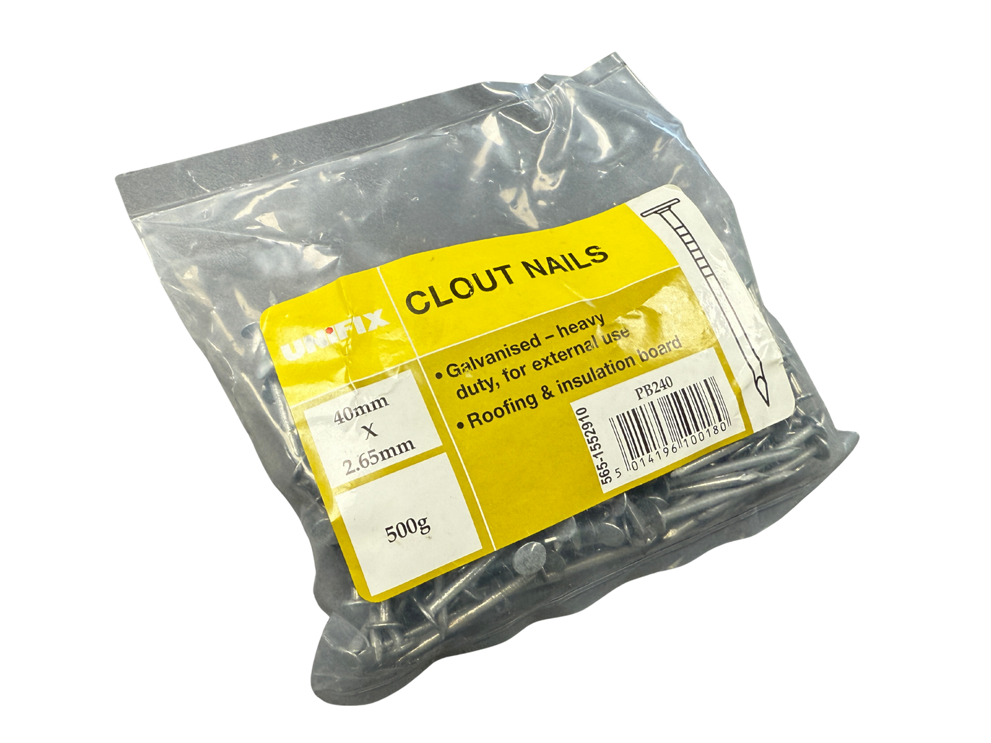 Pack of clout nails with a yellow label on a white background