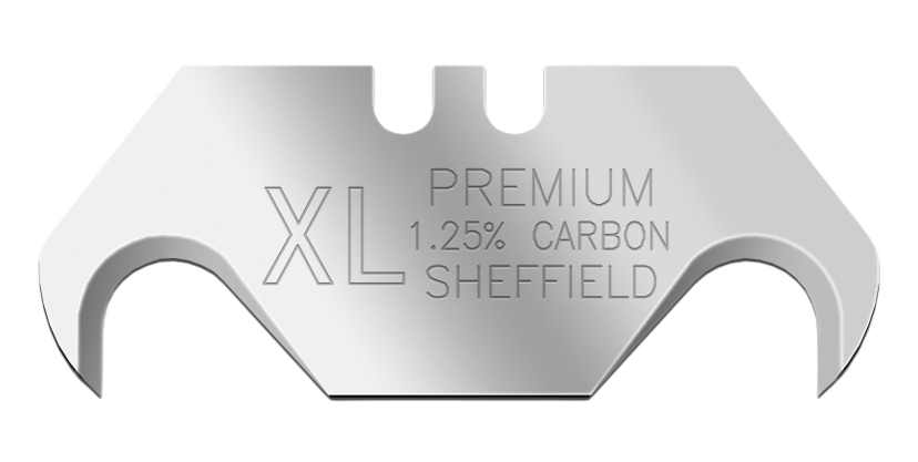 Metallic knife blade with 'XL Premium 1.25% Carbon Sheffield' text on a white background