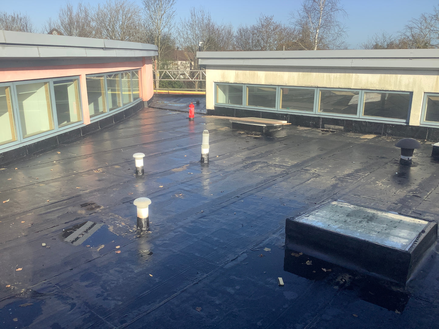 Installed bituminous roofing membrane within flat roof waterproofing system
