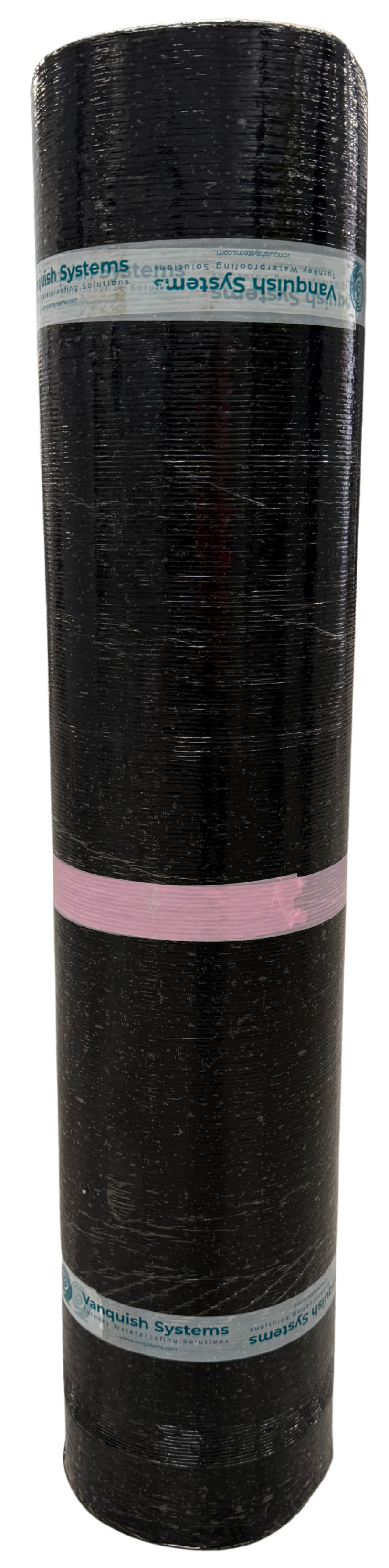 Full roll of Vanquish Pro SBS-modified torch-on roofing felt capsheet featuring polyester reinforcement, mineral-finished surface and grooved thermofusible backing.