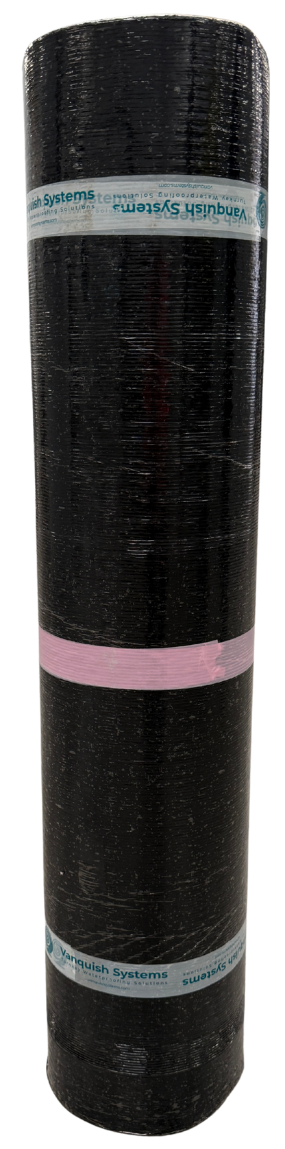 Full roll of Vanquish Pro SBS-modified torch-on roofing felt capsheet featuring polyester reinforcement, mineral-finished surface and grooved thermofusible backing.